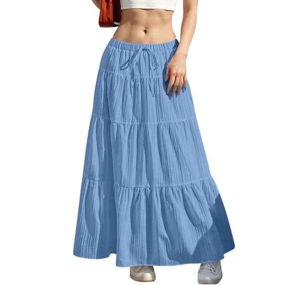 Besolor Women's Boho Flowy Maxi Skirt Elastic Waist Drawstring Ruffle Tiered Pleated A-Line Summer Beach Long Skirts