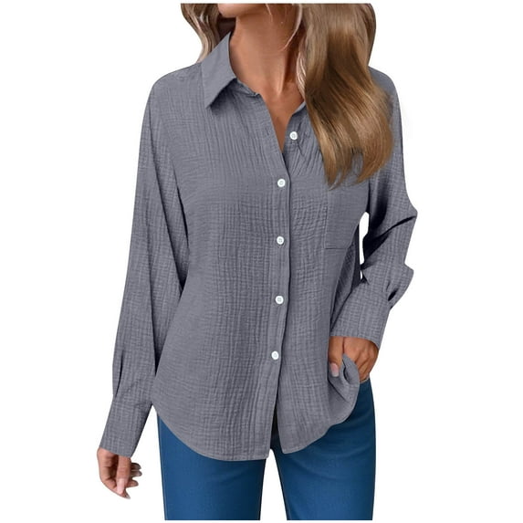 Besolor Women's Button down Shirts Collared Long Sleeve Tops Textured Summer Fall Casual Blouse with Pocket