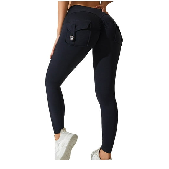 Besolor Women's Cargo Yoga Leggings with Pockets High Waisted Stretch Workout Running Pants Butt Lifting Gym Tights Black