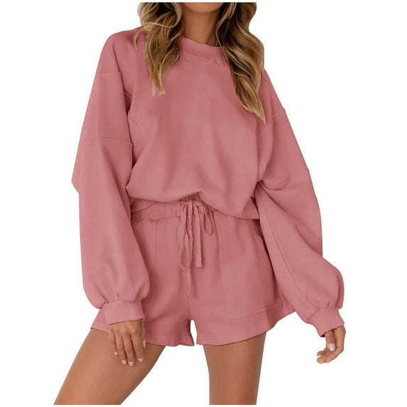 Besolor Women's Casual 2 Piece Outfits Crew Neck Long Sleeve Sweatshirt and Drawstring Shorts Sport Sets Sweatsuit