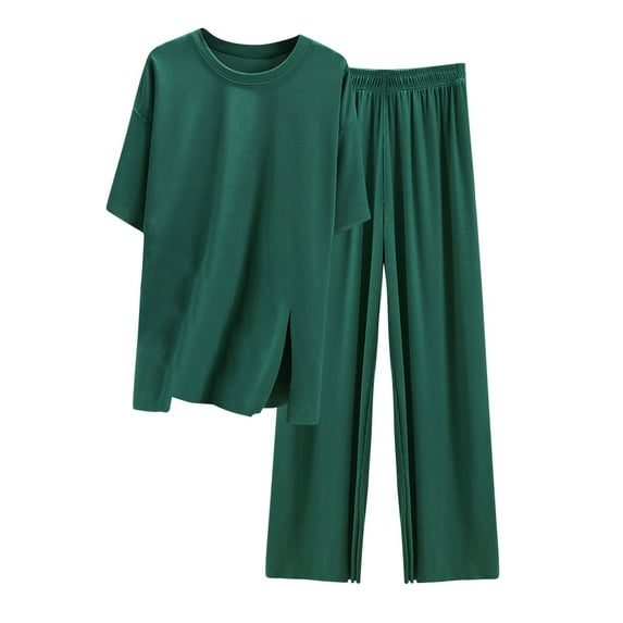 Besolor Women's Casual 2 Piece Outfits Crew Neck Short Sleeve Slit Tops and Wide Leg Pants Sets Loungewear