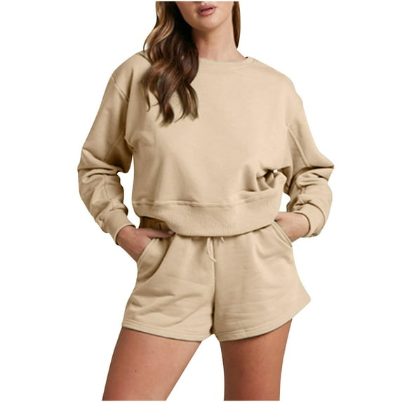 Besolor Women's Casual 2 Piece Outfits Crewneck Long Sleeve Sweatshirt and Shorts Lounge Sets Sweatsuit with Pockets