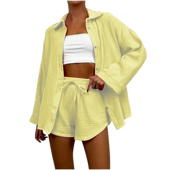 Besolor Women's Casual 2 Piece Outfits Tracksuits Baggy Long Sleeve Button down Shirts and Drawstring Shorts Lounge Sets