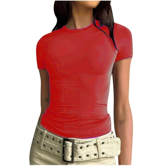 Besolor Women's Casual Basic Going out Crop Tops Slim Short Sleeve Crew Neck Tight T Shirts Cute Summer Tee Tops