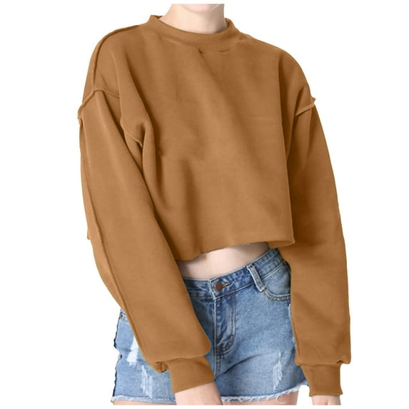 Besolor Women's Casual Cropped Sweatshirts Crew Neck Long Sleeve Solid Color Pullover Fall Tops Blouse