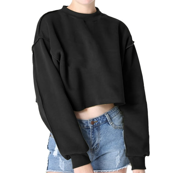 Besolor Women's Casual Cropped Sweatshirts Crew Neck Long Sleeve Solid Color Pullover Fall Tops Blouse