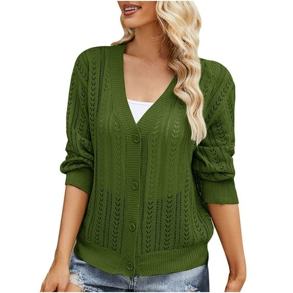 Besolor Women's Casual Fall Cardigan Sweaters Long Sleeve Crochet Knit Hollow out Open Front Button down Outerwear
