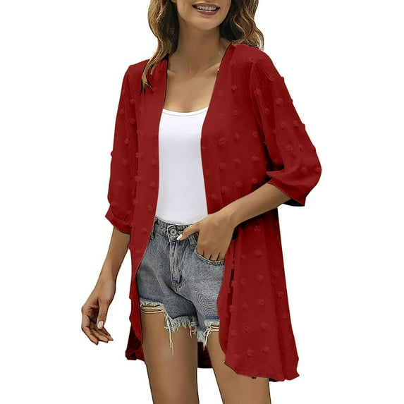 Besolor Women's Casual Open Front Cardigans Plus Size Solid Color Swiss Dots 3/4 Sleeve Fall Spring Lightweight Outwear Red