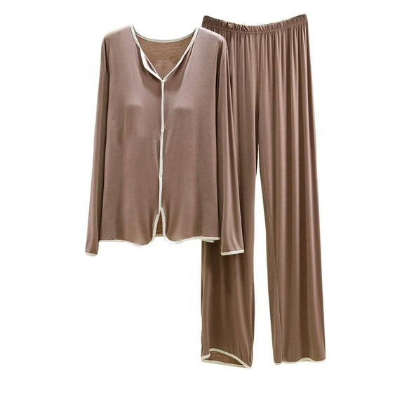 Besolor Women's Casual Pajamas 2 Piece Outfits V Neck Long Sleeve Shirts Wide Leg Pants Sets Sleepwear Pjs with Chest Pads