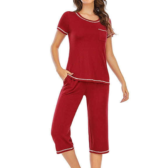 Besolor Women's Casual Pajamas Crew Neck Short Sleeve Tops and Capri Pants Sets 2 Pieces Outfits Sleepwear Pjs