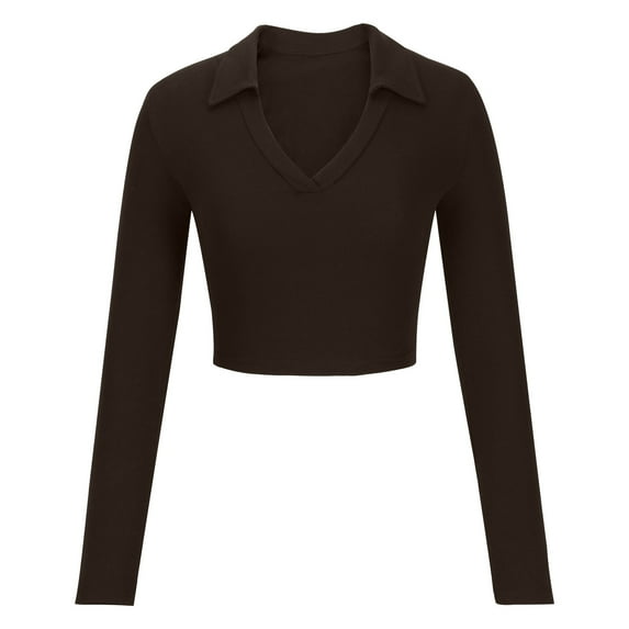 Besolor Women's Casual Ribbed Knit Crop Tops Lapel V Neck Slim Fit Solid Basic Tee Fall Long Sleeve Going out Shirt
