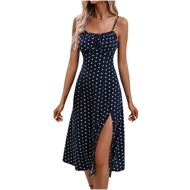 Besolor Women's Summer Dresses Polka Dots Spaghetti Strap Side Slit Midi Dress A-Line Flowy Party Beach Sundress
