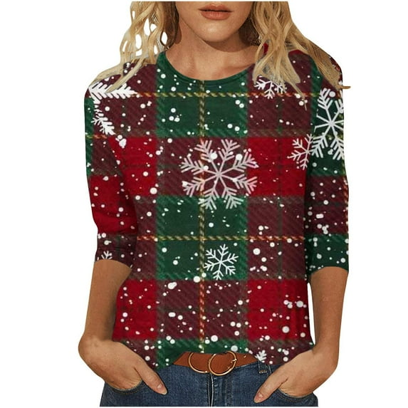 Besolor Women's Christmas 3/4 Sleeve T-Shirts Funny Graphic Round Neck Tops Casual Plus Size Xmas Holiday Blouse