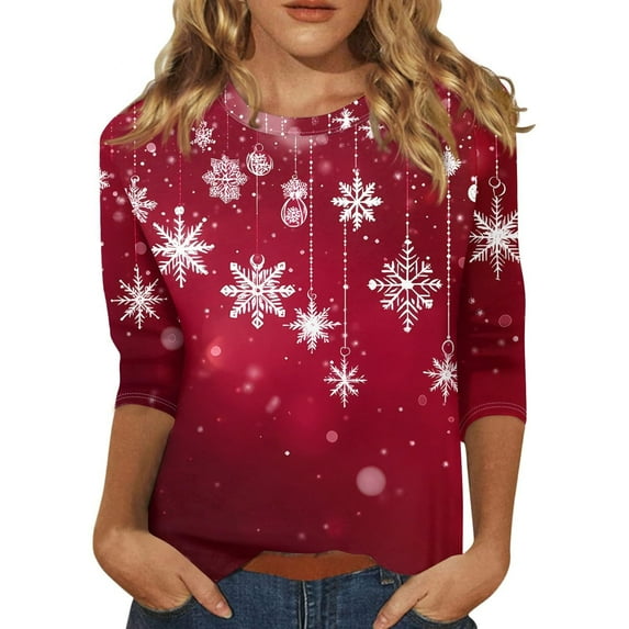 Besolor Women's Christmas 3/4 Sleeve T-Shirts Funny Graphic Round Neck Tops Casual Plus Size Xmas Holiday Blouse