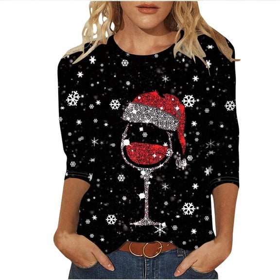 Besolor Women's Christmas 3/4 Sleeve T-Shirts Funny Graphic Round Neck Tops Casual Plus Size Xmas Holiday Blouse