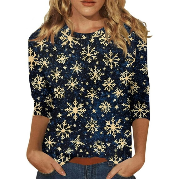 Besolor Women's Christmas 3/4 Sleeve T-Shirts Funny Graphic Round Neck Tops Casual Plus Size Xmas Holiday Blouse