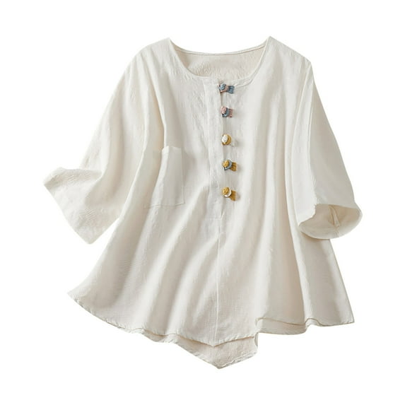 Besolor Women's Cotton Linen Boho Tops Vintage Button Embroidered Short Sleeve Shirts Summer Loose Crew Neck Blouse