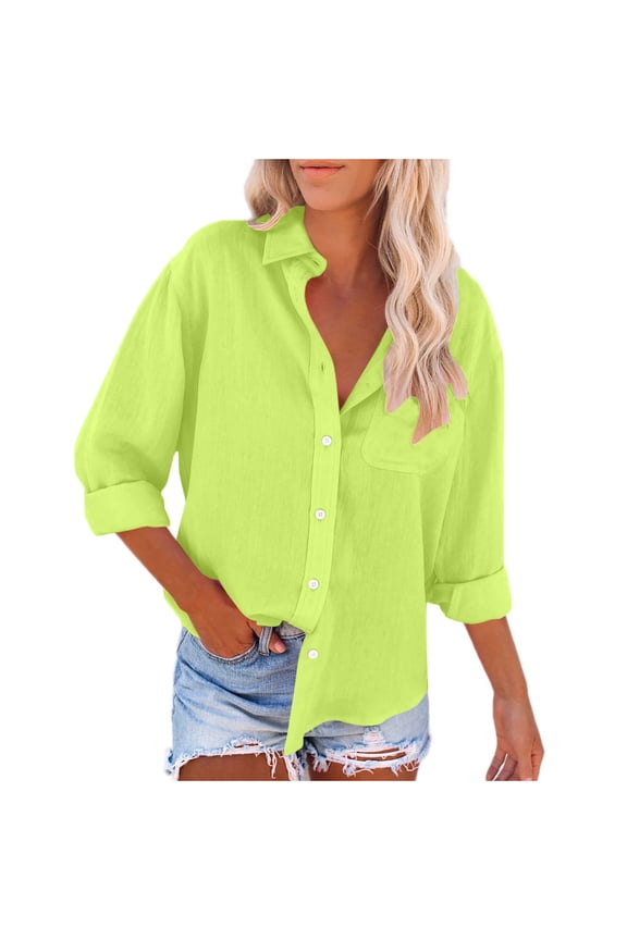 Women's Cotton Linen Button down Shirts Casual Lapel Long Sleeve Fall Spring Tops Loose Solid Color Blouse