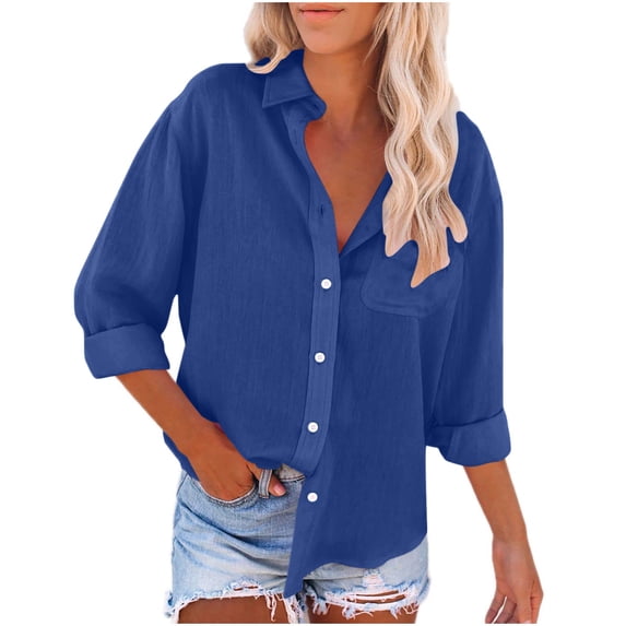 Besolor Women's Cotton Linen Button down Shirts Casual Lapel Long Sleeve Fall Spring Tops Loose Solid Color Blouse