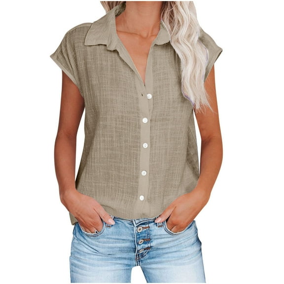 Besolor Women's Cotton Linen Button down Shirts Lapel V Neck Cap Sleeve Summer Tops Casual Loose Solid Color Blouse