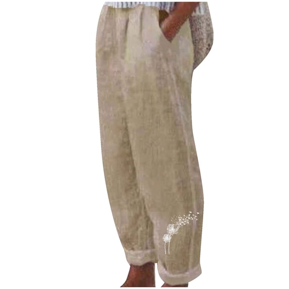 Besolor Women's Cotton Linen Cropped Pants Elastic Waist Straight Leg Trousers Casual Solid Color Lounge Pants with Pockets