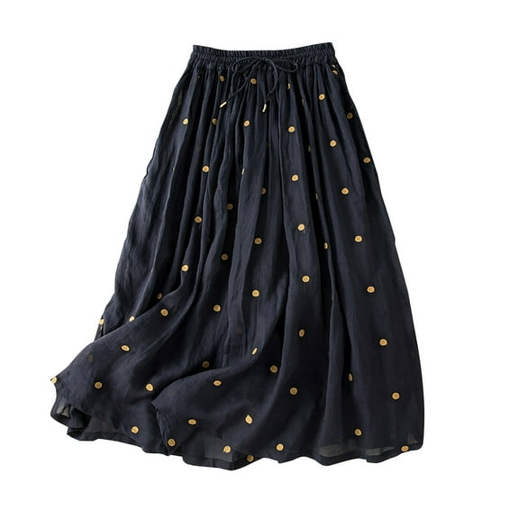 Besolor Women's Cotton Linen Long Skirts Printed Elastic Waist Drawstring Pleated A-Line Flowy Beach Vacation Skirts
