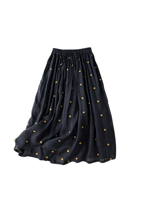 Women's Cotton Linen Long Skirts Printed Elastic Waist Drawstring Pleated A-Line Flowy Beach Vacation Skirts