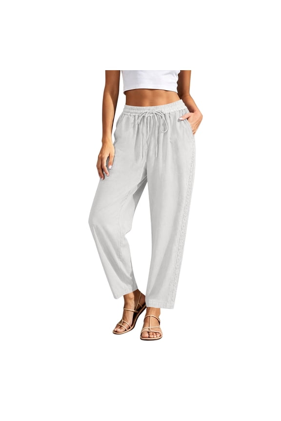 Women's Cotton Linen Pants Summer Casual Lace Drawstring Elastic Waist Cropped Trouser with Pockets