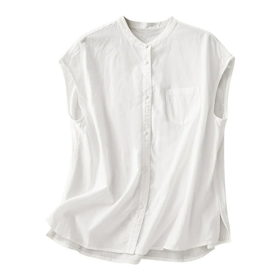 Besolor Women's Cotton Linen Tops Sleeveless Button down Shirts Casual Loose Solid Color Summer Blouse Tees