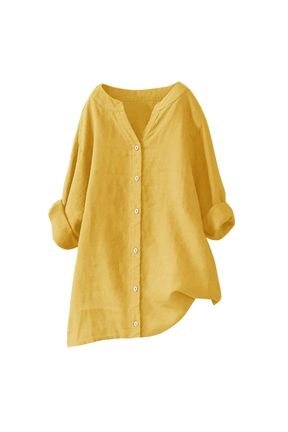 Women's Cotton Linen V Neck Button down Shirt Long Sleeve Casual Loose Blouse Plus Size Tops for Women