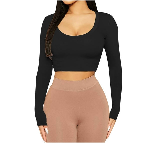 Besolor Women's Crewneck Long Sleeve Pullover Undershirt Casual Slim Fitted Basic Tee Ladies Crop Layering Tops