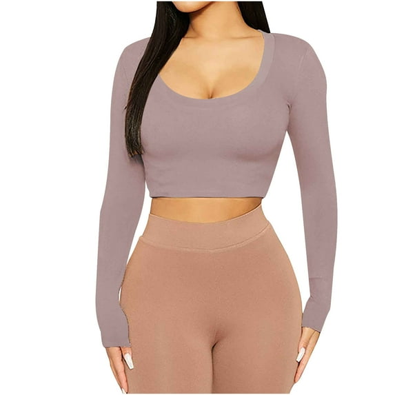 Besolor Women's Crewneck Long Sleeve Pullover Undershirt Casual Slim Fitted Basic Tee Ladies Crop Layering Tops