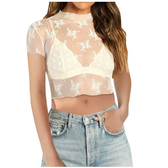 Besolor Women's Crewneck Mesh Lace Crop Tops Slim Fitted Short Sleeve See Throughs Clubwear Party Blouse Shirts