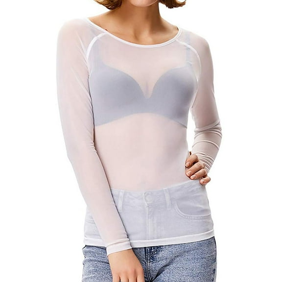 Besolor Women's Crewneck Sheer Mesh Tops Slim Fitted Long Sleeve See Through Clubwear Party Blouse Shirt