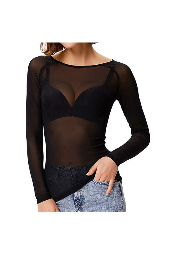Women's Crewneck Sheer Mesh Tops Slim Fitted Long Sleeve See Throughs Clubwear Party Blouse Shirt