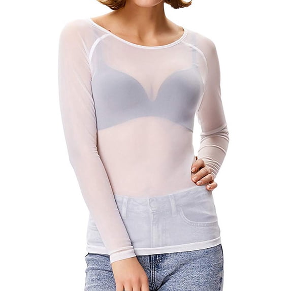 Besolor Women's Crewneck Sheer Mesh Tops Slim Fitted Long Sleeve See Throughs Clubwear Party Blouse Shirt