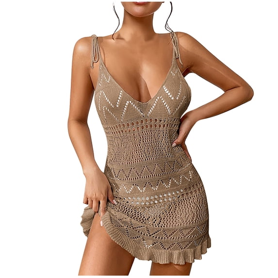 Besolor Women's Crochet Cover Ups V-Neck Tie Straps Hollow out Coverup Swimwear Summer Beach Vacation Mini Dress