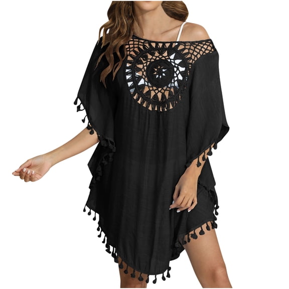 Besolor Women's Crochet Swimsuit Cover up Hollow out Short Sleeve Bathing Suit Swimwear Tassel Beach Dress