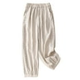 thumbnail image 1 of Besolor Women's Cropped Cotton Linen Pants Elastic Waist Casual Loose Lace Trim Tapered Capris Lounge Pants for Summer Beige, 1 of 7