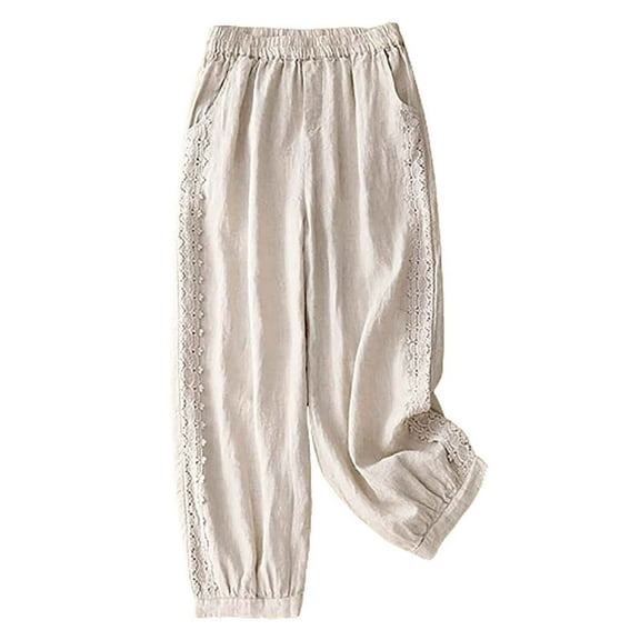 Besolor Women's Cropped Cotton Linen Pants Elastic Waist Casual Loose Lace Trim Tapered Capris Lounge Pants for Summer Beige
