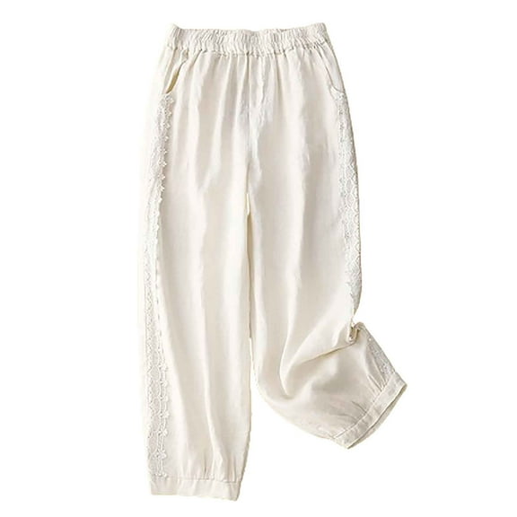 Besolor Women's Cropped Cotton Linen Pants Elastic Waist Casual Loose Lace Trim Tapered Capris Lounge Pants for Summer White