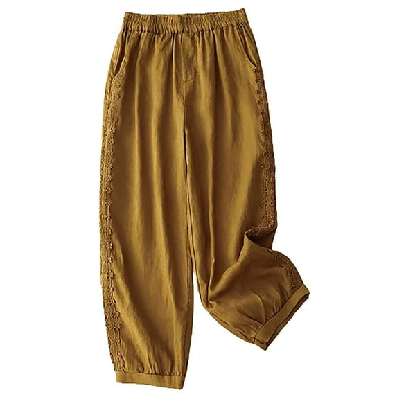 Besolor Women's Cropped Cotton Linen Pants Elastic Waist Casual Loose Lace Trim Tapered Capris Lounge Pants for Summer Yellow