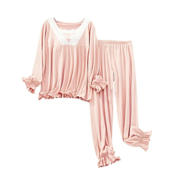 Besolor Women's Cute Pajamas 2 Piece Outfits Casual Soft Lace Ruffle Long Sleeve Tops and Pants Set Sleepwear Pjs