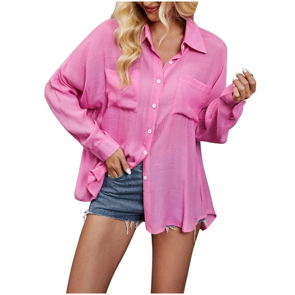 Besolor Women's Fall Button down Shirt Casual Lightweight Lapel Long Sleeve Oversized Blouses Tops with Pockets