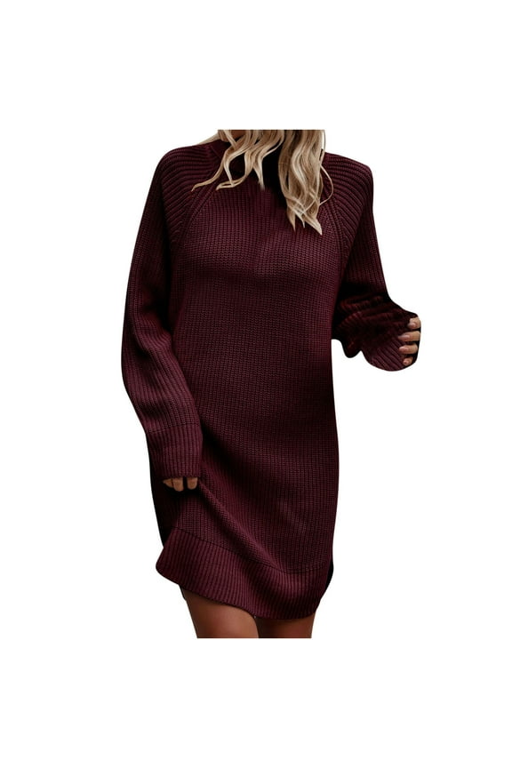Women's Fall Knit Pullover Sweaters Turtleneck Long Sleeve Casual Loose Slouchy Sweater Mini Dress