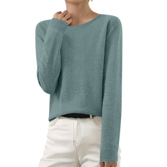 Besolor Women's Fall Knitted Tops Crewneck Solid Color Long Sleeve Sweaters Casual Comfy Plus Size Basic Blouses