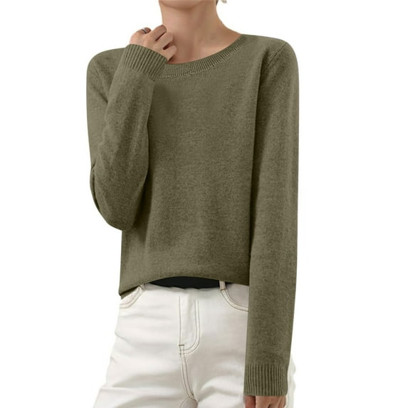 Besolor Women's Fall Knitted Tops Crewneck Solid Color Long Sleeve Sweaters Casual Comfy Plus Size Basic Blouses