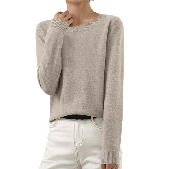 Besolor Women's Fall Knitted Tops Crewneck Solid Color Long Sleeve Sweaters Casual Comfy Plus Size Basic Blouses