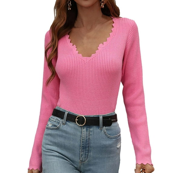 Besolor Women's Fall Ribbed Knit Tops Ruffled V Neck Solid Color Basic Shirt Slim Fitted Casual Stretch Going out Tees