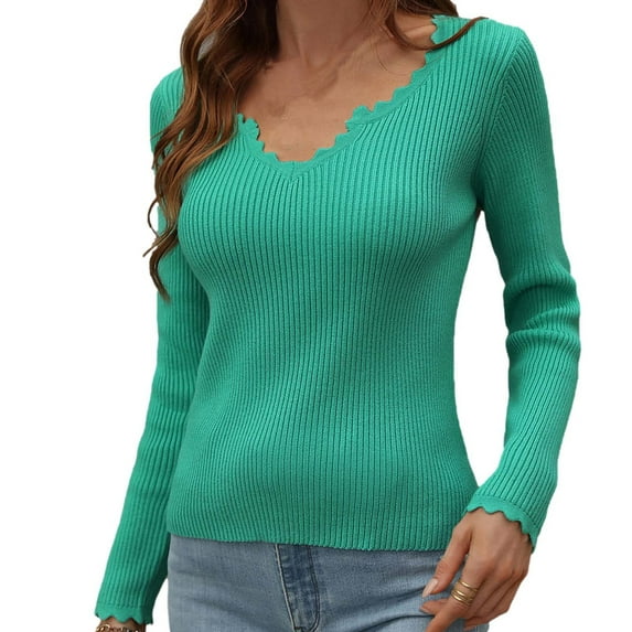 Besolor Women's Fall Ribbed Knit Tops Ruffled V Neck Solid Color Basic Shirt Slim Fitted Casual Stretch Going out Tees